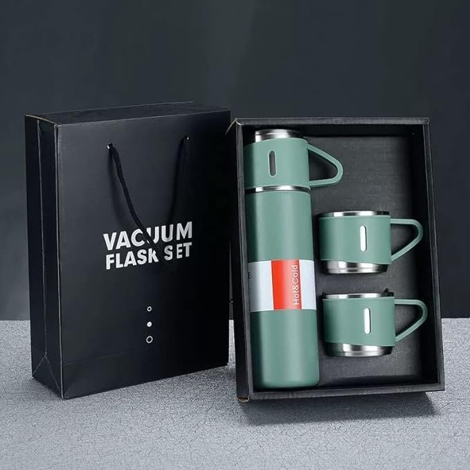 Thermos flask with 3 hot and cold travel cups, stainless steel, gift box set