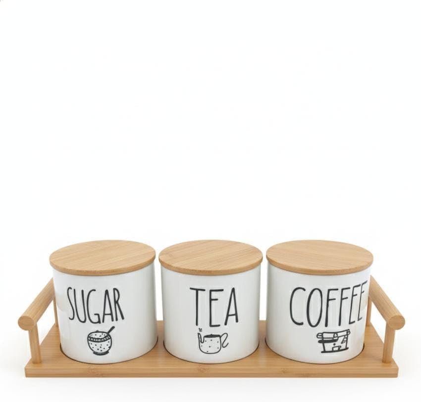 ​Ceramic Kitchen Canister Set of 3 – Sugar, Tea, & Coffee Storage Jars with Airtight Bamboo Lids and Wooden Serving Tray – Modern Farmhouse Kitchen Decor