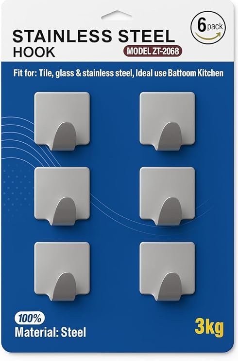 Heavy-Duty Steel HAdhesive ooks (Model ZT-2068) – Pack of 6, Rustproof Wall Hooks for Bathroom, Kitchen, and Office, Up to 3 kg Load, No-Drill Self-Adhesive Design