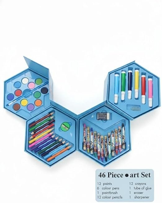 46-Piece Deluxe Art Set for Kids – Hexagonal Tiered Coloring Kit with Watercolors, Crayons & Markers – Educational Gift Set for Boys & Girls