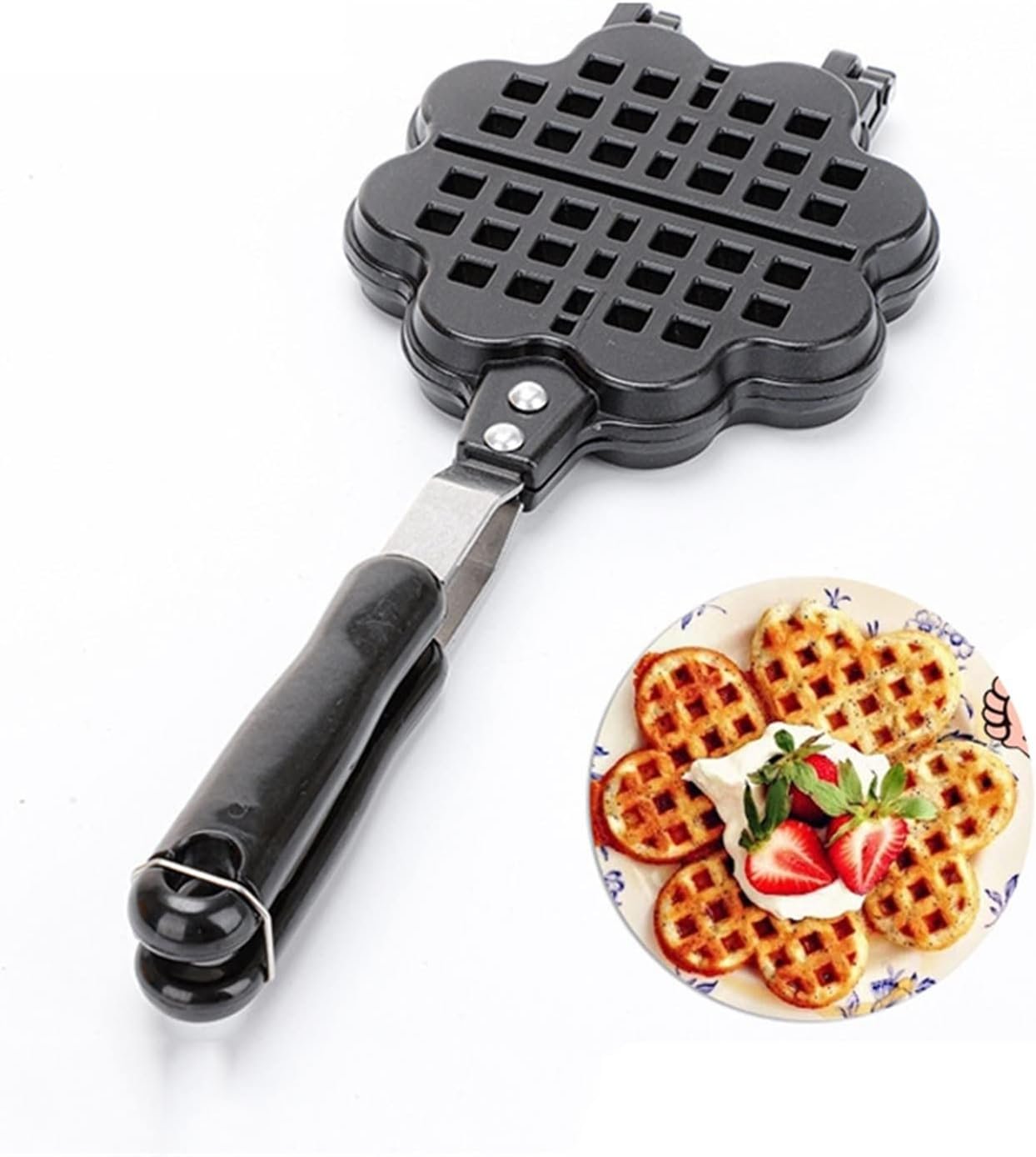 Double Sided Waffle Pan, Flower Heart Shape Cast Iron Pie Maker with Anti Scalding Handle