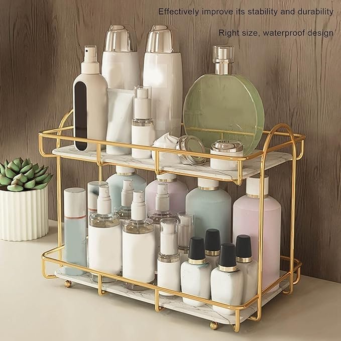 2 Tier Countertop Shelf, 2 Tier Shelf Organizer Bathroom Countertop Shelf Storage Tray Gold Large Capacity for Shelves
