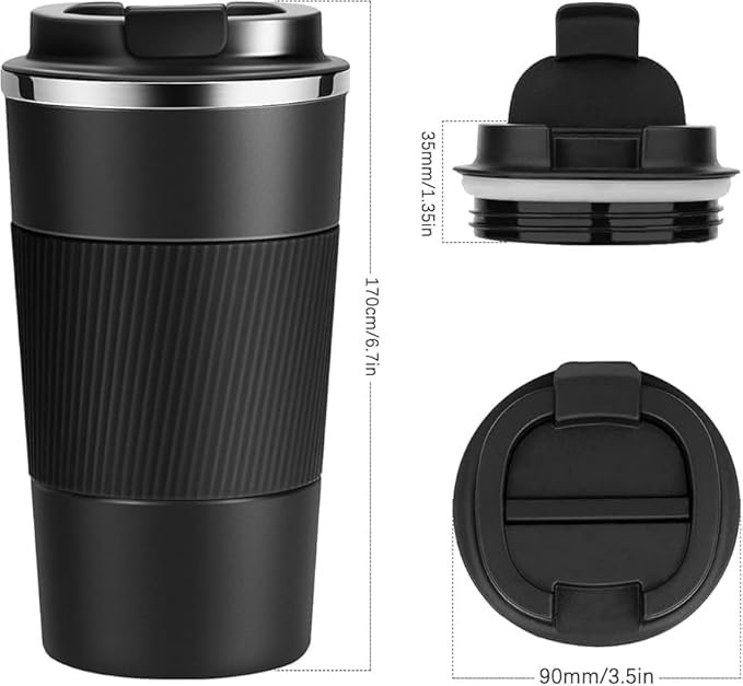​Vacuum Insulated Travel Coffee Mug, 510ml Stainless Steel Tumbler with Leak-Proof Lid & Non-Slip Silicone Sleeve.
