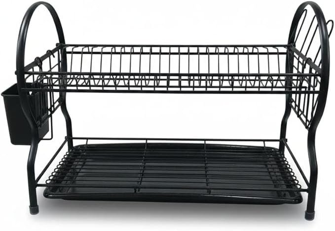 ​2-Tier Dish Drying Rack with Drainboard and Utensil Holder, Rust-Resistant Carbon Steel Kitchen Organizer, Space-Saving Dish Strainer for Kitchen Countertop.