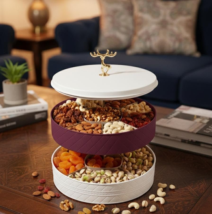 Two-Tier Rotating Quilted Nut and Candy Server with Golden Deer Handle.