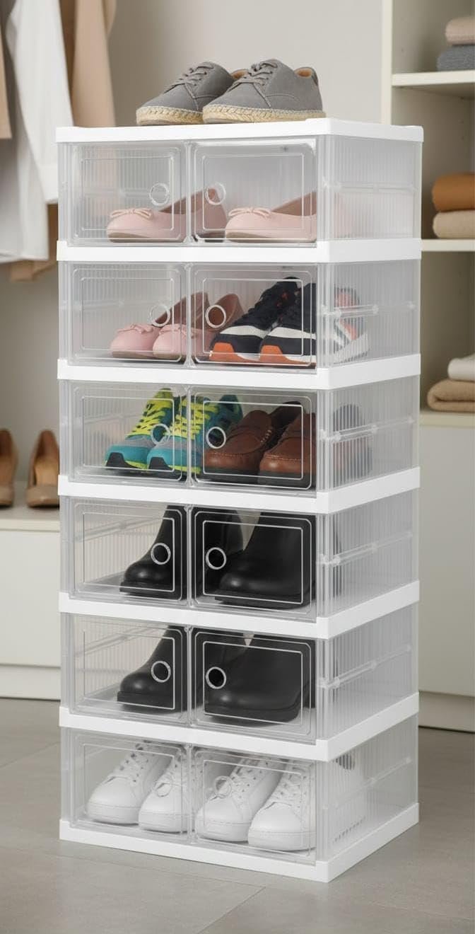 6-Tier Foldable Shoe Storage Box Organizer - Magnetic Transparent Doors.