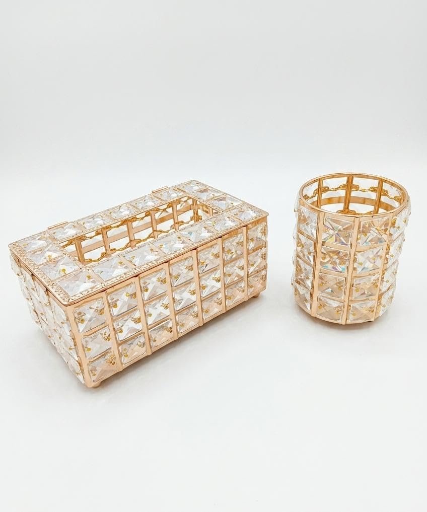 Luxury 2-Piece Crystal Home Decor Set: Gold Crystal Tissue Box Cover & Matching Makeup Brush Holder - Elegant Vanity & Desk Organizer