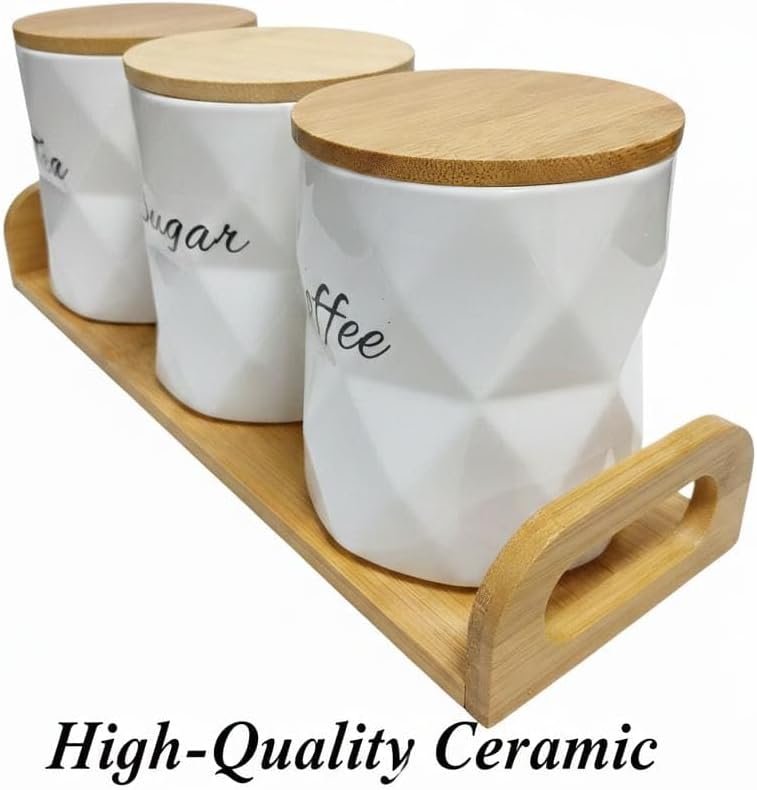 Premium 3-Piece Ceramic Kitchen Canister Set with Bamboo Lids and Tray