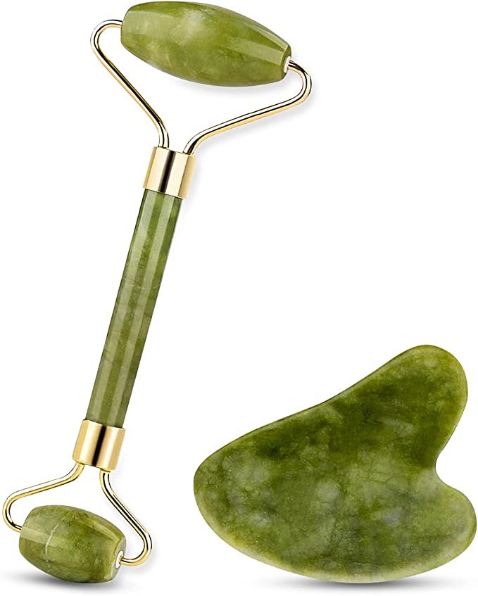 2Pcs Facial Massage Jade Roller Face Neck Natural Stone Health Care Body Jade Board Beauty Tool Set