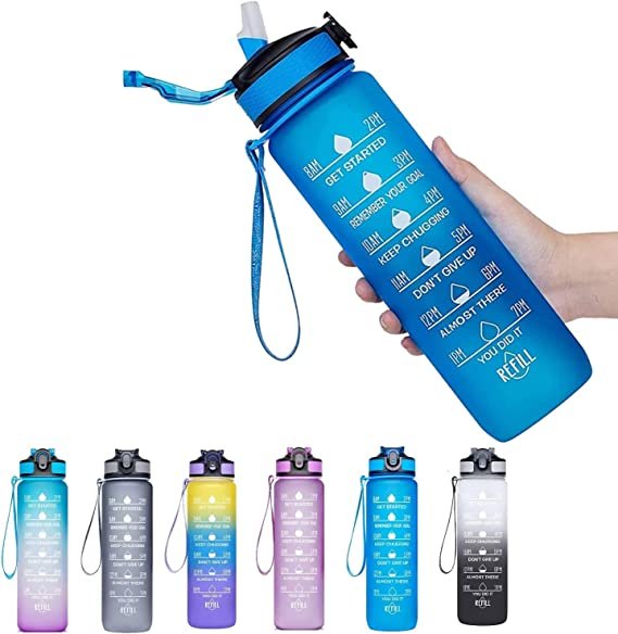 Water Bottle 1l (32OZ), BPA Free Motivational Water Bottle with Time Marker. Water Bottle for Kids. Anti-slip for Gym, Camping and Outdoor Sports multi colors